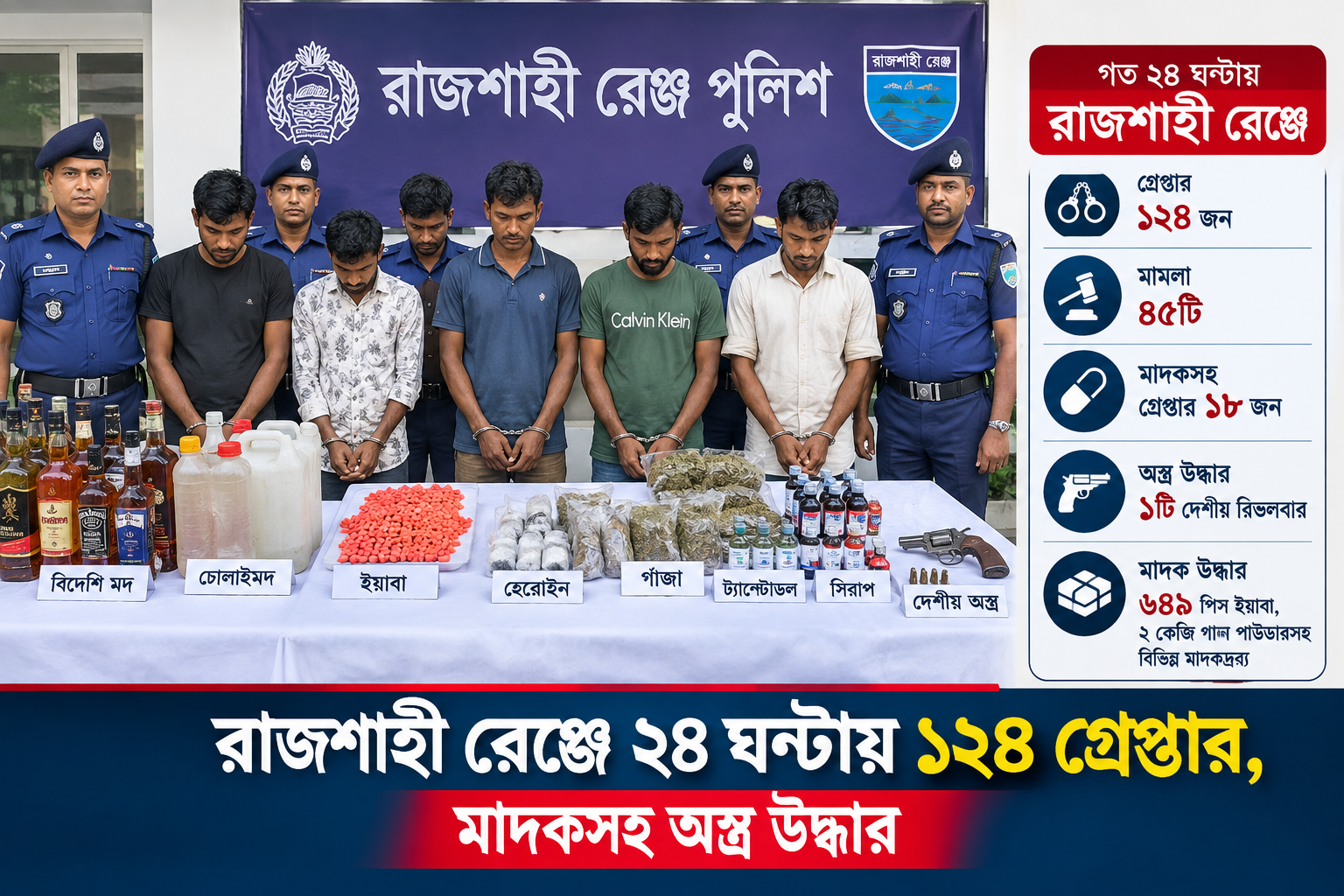 রাজশাহী রেঞ্জে ২৪ ঘণ্টায় ১২৪ গ্রেপ্তার, মাদকসহ অস্ত্র উদ্ধার