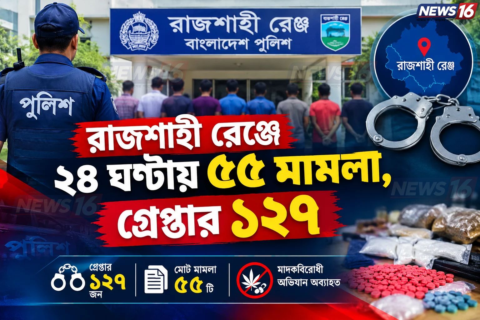 রাজশাহী রেঞ্জে ২৪ ঘণ্টায় ৫৫ মামলা, গ্রেপ্তার ১২৭
